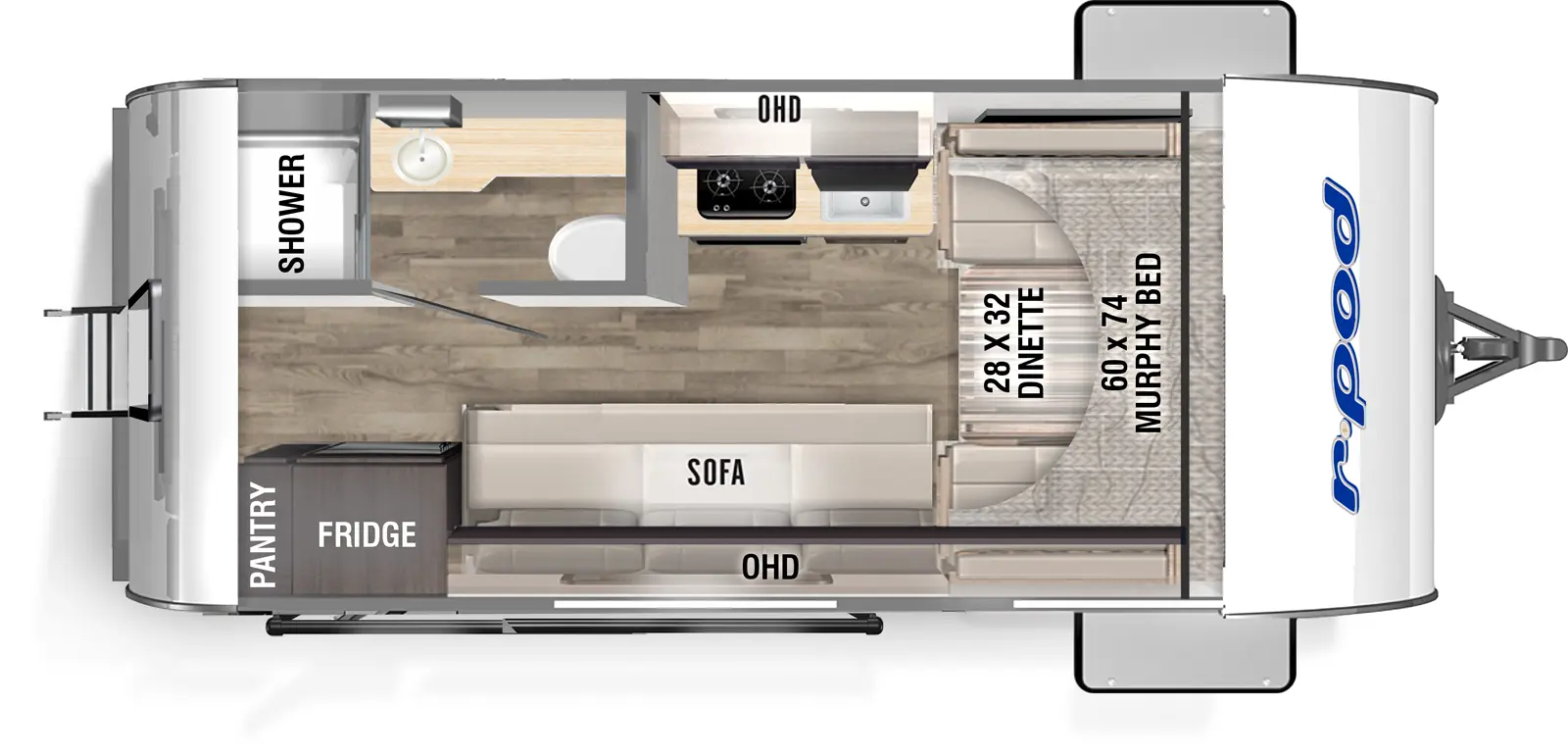 The RP-153C has zero slideouts and one entry. Interior layout front to back: front murphy bed dinette, off-door side kitchen counter with sink, cooktop, and overhead cabinet, door side sofa and over head cabinet, rear off-door side full bathroom, rear door side refrigerator and pantry, and rear entry door.